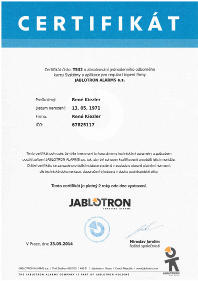 Certifikát Jablotron