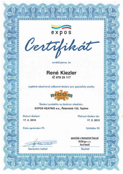 Certifikát Ricom Gas