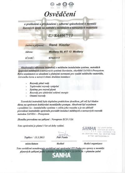Certifikát SANHA