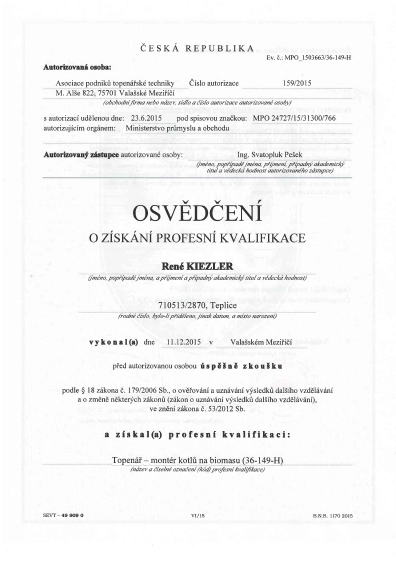 Osvědčení Topenář - Montér kotlů na biomasu